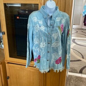 Vintage denim shirt with lace & appliqué floral button up long sleeve